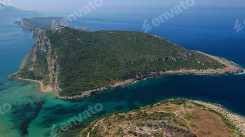 Preview: Aerial Drone Photo Of Iconic Secluded Sandy Beach With Emerald Sea In Island Of Sfaktiria Next To