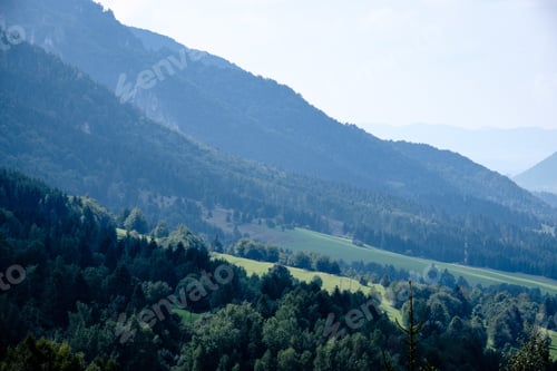 Preview: Panoramic View Of Misty Forest In Western Carpathian Mountains. Tatra In Foggy Sunset, Far Horizon