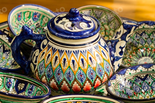 Preview: Traditional Uzbek Plates And Dishes In Uzbekistan, Central Asia. Silk Road Country.Plates With