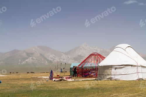 Preview: Yurt Under Construction At Song Kol Lake In Kyrgyzstan Mountains. Central Asia