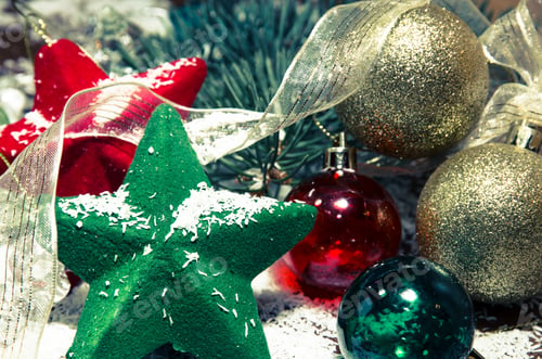 Preview: Green Christmas Ball And Star And Green Pine Branch