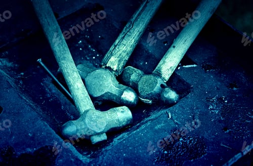 Preview: Steel Hammers, Detail Of A Metal Forging Hammers, Anvil, Medieval Tool