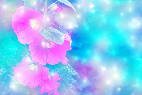 Preview: Bright Flowers Mallow On A Background Summer Landscape.