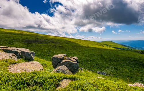Preview: Giant Boulders On Grassy Slopes Of Polonina Runa. Beautiful Summer Scenery In Carpathian Mountains