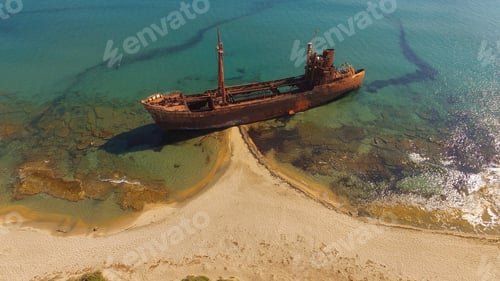 Preview: Aerial Birds Eye View Photo Taken By Drone Of Famous Agios Dimitrios Shipwreck, Githeio