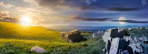 Preview: Time Change Over The Panorama Of Runa Mountain. Moon And Sun On The Sky Over The Huge Rocky