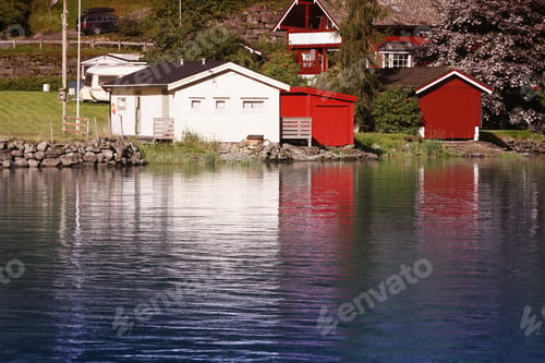 Preview: Norway, Sogn Of Fjordane County. Rural Architecture Next To Nordfjord In Olden. Filtered Color