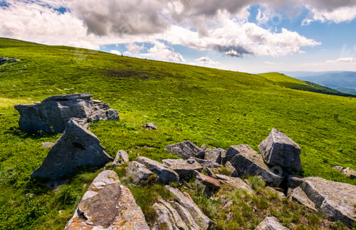 Preview: Grassy Slopes With Huge Rocks. Beautiful Mountainous Landscape In Summertime. Location Mountain