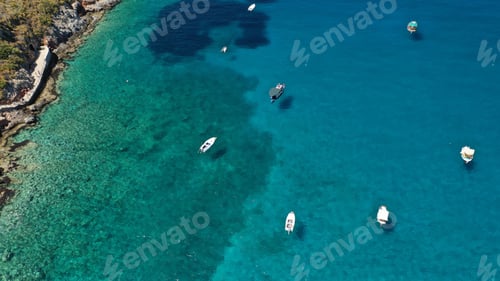 Preview: Aerial Drone Photo Of Famous Turquoise Crystal Clear Emerald Bay And Beach Of Diros Well Known From