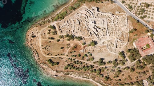 Preview: Aerial Drone Bird'S Eye View Of Iconic Temple Of Apollo On Top Of Kolona Hill With Only One Pillar
