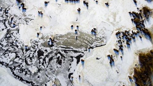 Preview: Aerial View Of Frozen Forest Lake In Winter. Drone Photography. Abstract Texture - Panoramic Image