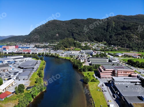 Preview: Forde Mountain Valley Town In Sunnfjord Region Of Norway. River Jolstra. Norway Drone View.