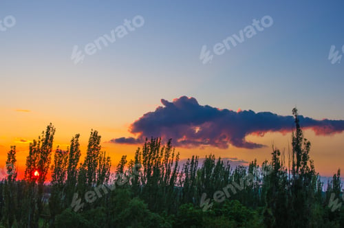 Preview: Landscape With Dramatic Light - Orange Clouds And The Outline Of Trees At Sunset