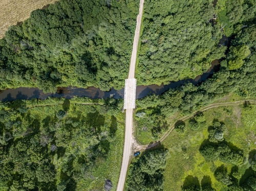 Preview: Aerial Drone View Of Small Snake River Serpentine In Forest. Green Summer Landscape Texture