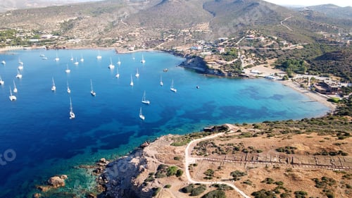 Preview: Aerial Drone Bird'S Eye View Of Magnificent Deep Blue Bay Of Cape Sounio With Yachts Docked