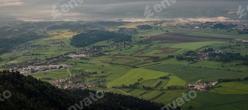Preview: Villages And Fields At Sunrise On A Misty Day
