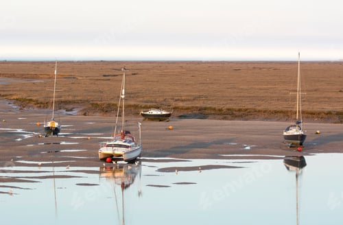 Preview: Small Boats At Low Tide At Wells Next The Sea, Norfolk, Uk