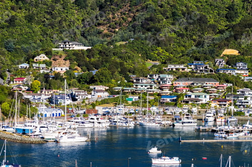 Preview: Boats Moored In Queen Charlotte Sound, Aerial View Of Picton Harbour In Cook Strait, Marlborough