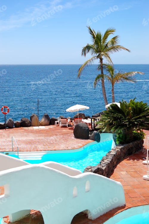 Preview: View On The Beach, Palms And Swimming Pool Of Luxury Hotel, Tenerife Island, Spain
