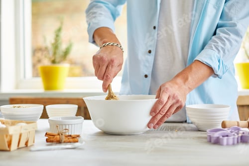 Preview: Man, Male Forming The Dough In Bowl A And Kneading At Home In The Kitchen, Preparation For Cookies