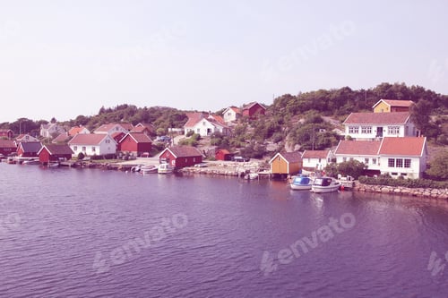 Preview: Norway Fishing Town - Skjernoy Island In The Region Of Vest-Agder. Retro Filtered Colors Style.