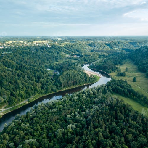 Preview: Drone Image. Aerial View Of Forests And River Gauja In The Middle In Summer Day. Latvia, Sigulda