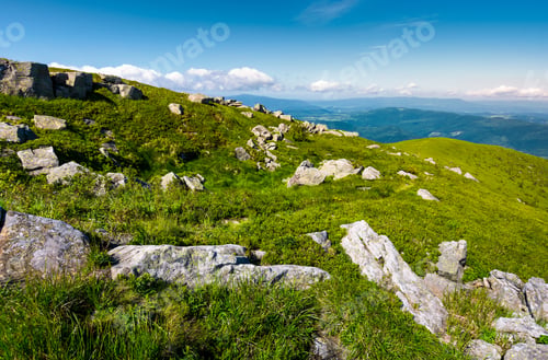 Preview: Grassy Meadow With Rocky Formations In Mountains. Lovely Summer Landscape. Location Runa Mountain