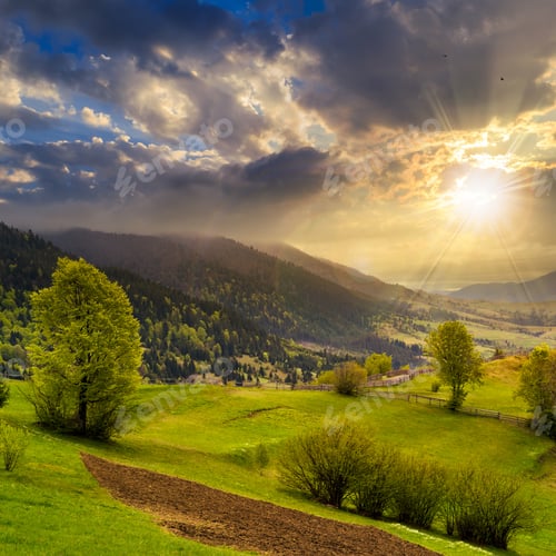 Preview: Autumn Landscape. Fence Near The Meadow Path On The Hillside. Forest In Fog On The Mountain At