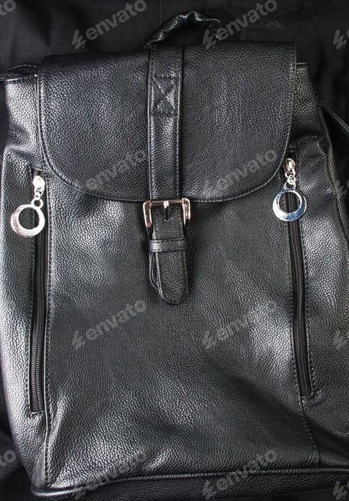 Preview: Closeup Of The Fittings And Seams On Black Leather Backpack