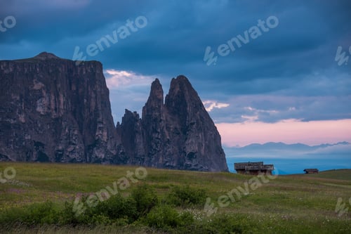 Preview: Cottages At Alpe Di Siusi At Sunrise In The Dolomites