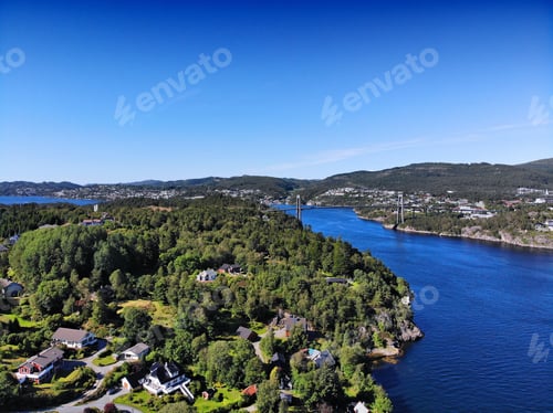 Preview: Norway Drone View. Krossneset Village In Alver Municipality. Flatoy Island And Kvernafjorden Fjord.