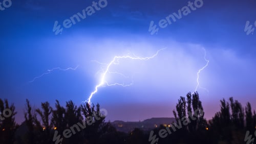 Preview: Night Lightning Storm Over City In Blue Dramatic Lighting