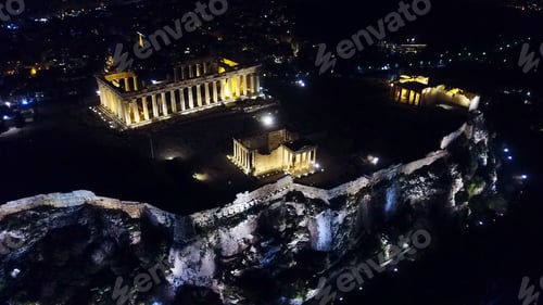 Preview: Aerial Birds Eye View Night Photo Taken By Drone Of Iconic Acropolis Hill, The Parthenon And