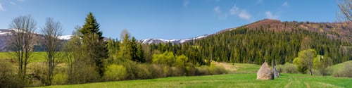 Preview: Panorama Of Rural Field In Mountains. Haystack On Grassy Field Among The Forest