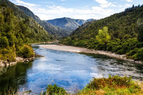 Preview: Beautiful Blue Green River Flowing On Summer Time In New Zealand South Island