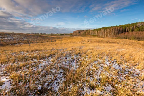 Preview: Early Winter Or Late Autumnal Landscape Of Field At Good Weather. Fields With Little Snow.