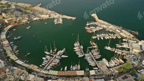 Preview: Aerial Drone Panoramic Photo Of Iconic Port Of Marina Zeas Or Pasalimani With Yachts And Sail Boats