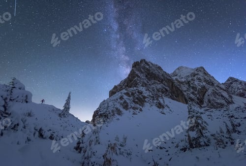Preview: Male Photographer Posing Under The Milky Way In The Winter Mountain Landscape.