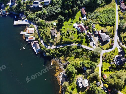 Preview: Norway Drone View. Krossneset Village In Alver Municipality. Flatoy Island And Salhusfjorden Fjord.
