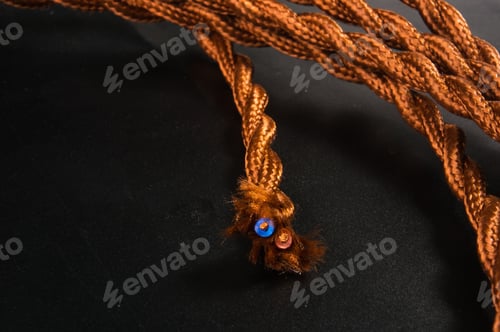 Preview: Electric Cable In Brown Braid Of Fabric In Retro Style On Black Background