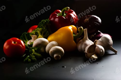 Preview: Still Life - Set Of Pizza On Black Background - Mushrooms, Champignons, Cauliflower, Broccoli