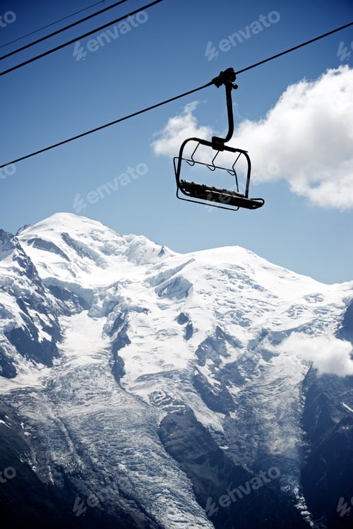 Preview: Silhouette Of A Chairlift In Mont Blanc Massif, In The Background Is Mont Blanc Peak, Alps