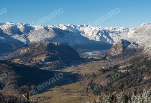 Preview: Amazing View From Valentinov Razglednik View Point. Villages At Bohinj Lake Under The Snowy