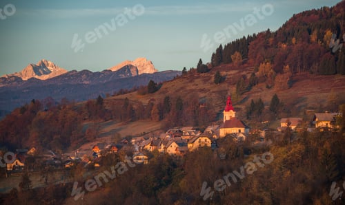 Preview: Sunrise In Slovenian Countryside With Village Zasip Below Triglav And Julian Alps.