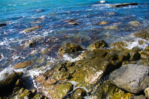 Preview: Rocky Sea Shore With Pebble Beach, Waves With Foam