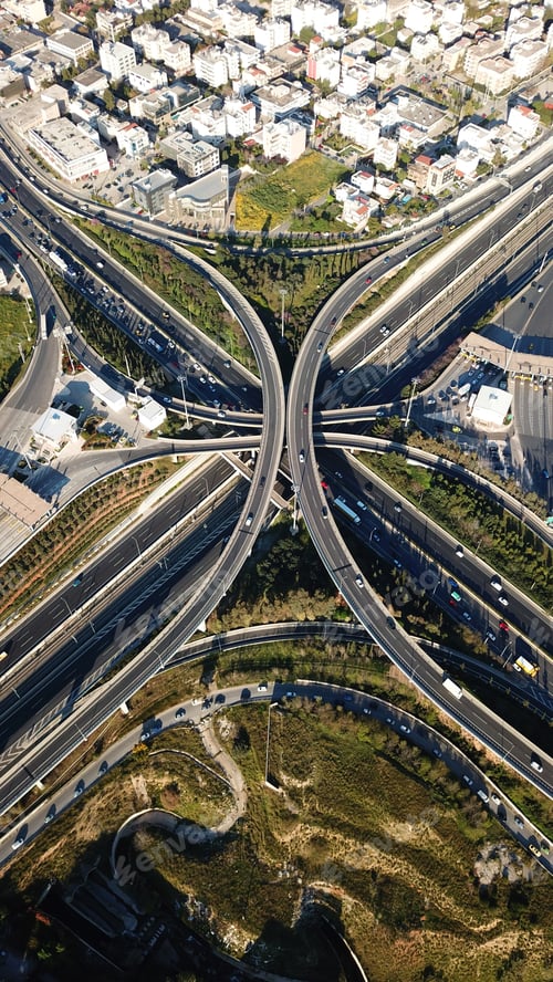Preview: Aerial Drone Bird'S Eye View Of Popular Highway Of Attiki Odos Multilevel Junction Road, Passing