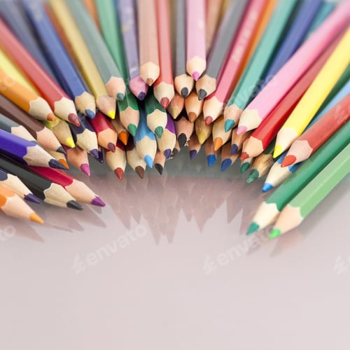 Preview: Group Of Sharp Colored Pencils With White Background And Reflexions