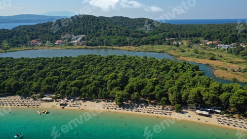 Preview: Aerial Drone Photo Of Beautiful Popular Organised Sandy Bay, Turquoise Beach And Natural Preserve