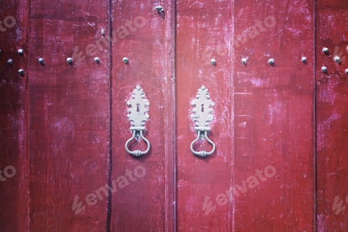 Preview: Red Door Decorated, Detail Of An Old Wooden Door Painted Red Textured Background