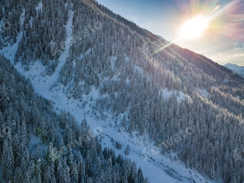 Preview: Aerial View Of Power Line Through Alpine Valley In Switzerland. Snow Covered Trees In Winter